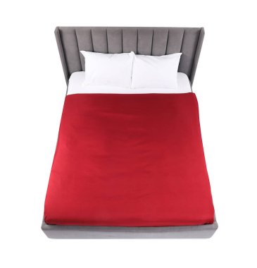 Temiz çarşafları olan büyük bir yatak, beyazın üstünde, manzaranın üstünde.