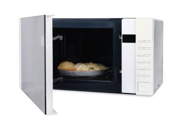 Çağdaş mikrodalga fırında pilav ve tavukla bembeyaz