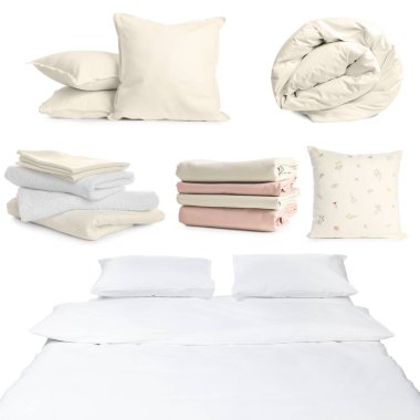 Rahat uyku için yatak aksesuarları beyaz, set üzerinde izole