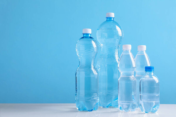 Water bottles of different sizes on white table against light blue background. Space for text