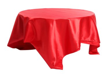 Beyaz üzerine izole edilmiş şık kırmızı ipek kumaşlı masa