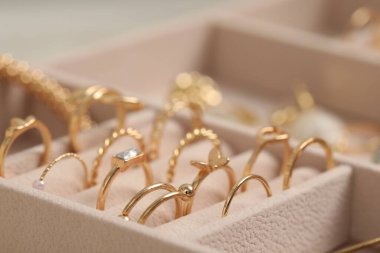 Bej kutuda zarif altın yüzükler, seçici odak