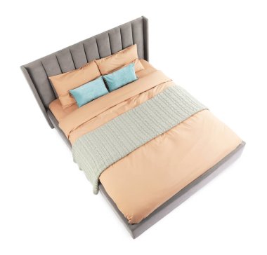 Temiz çarşafları olan büyük bir yatak, beyazın üstünde, manzaranın üstünde.