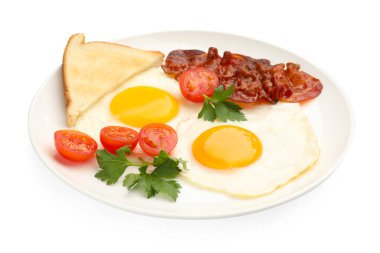 Yağda yumurta, pastırma, domates, maydanoz ve ekmek dilimleri ile nefis bir kahvaltı.