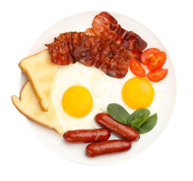 Yağda yumurta, sosis, pastırma, domates, ıspanak ve ekmek dilimleri ile nefis bir kahvaltı.