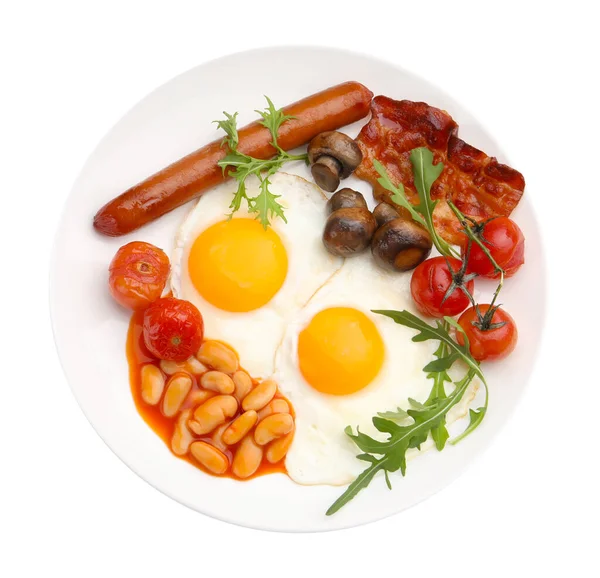 Beyaz manzaralı enfes geleneksel İngiliz kahvaltısı.