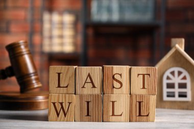 Ahşap küplerden yapılmış son vasiyetname, ev modeli ve yargıç tokmağından yapılmış. Pankart tasarımı