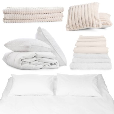 Rahat uyku için yatak aksesuarları beyaz, set üzerinde izole