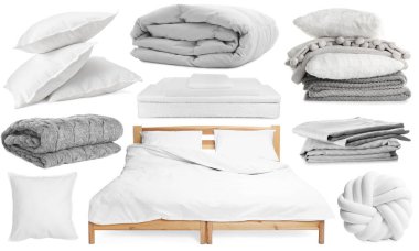 Rahat uyku için yatak ve aksesuarlar beyaz, set üzerinde izole