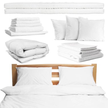 Rahat uyku için yatak ve aksesuarlar beyaz, set üzerinde izole