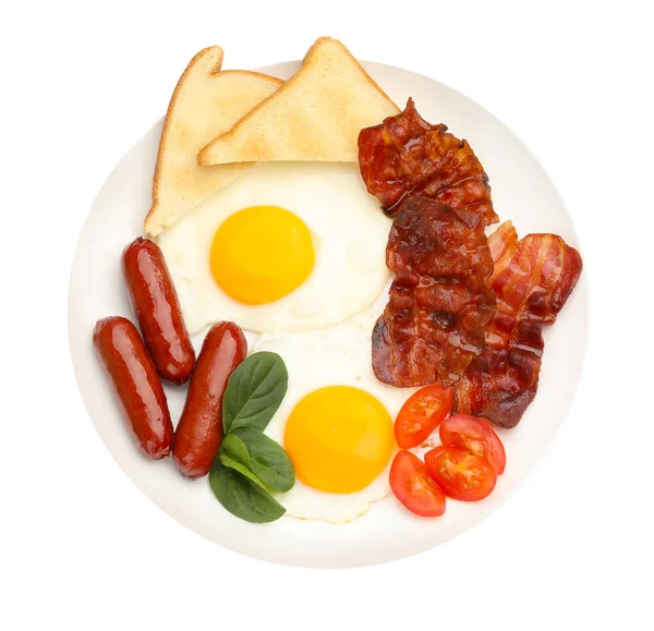 Yağda yumurta, sosis, pastırma, domates, ıspanak ve ekmek dilimleri ile nefis bir kahvaltı.