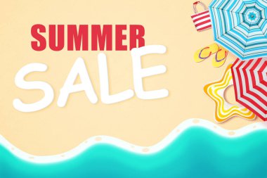 Yaz indirimi. Plaj aksesuarları ve deniz dalgalarının kumsalda yuvarlandığı poster tasarımı.