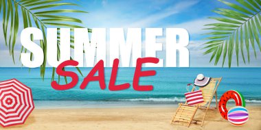 Yaz indirimi. Güverte sandalyesi ve plaj aksesuarlarıyla poster tasarımı, afiş