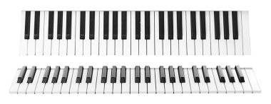 Beyaz arka planda piyano klavyesi, kolaj. Üst ve yan görünüm