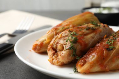 Gri masada servis edilen lezzetli lahana dürümleri, yakın plan.