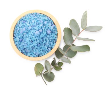 Kasede mavi deniz tuzu ve okaliptüs dalı beyaz, üst manzara