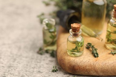 Kekik yağı şişeleri ve gri masada taze bitkiler, yakın plan. Metin için boşluk