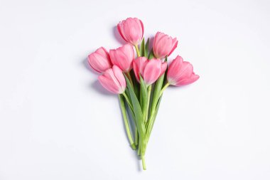 Beyaz arka planda pembe laleler, üst manzara.