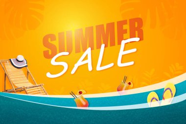 Yaz indirimi. Güverte sandalyeli poster tasarımı, hasır şapka, kokteyller ve parmak arası terlikler.