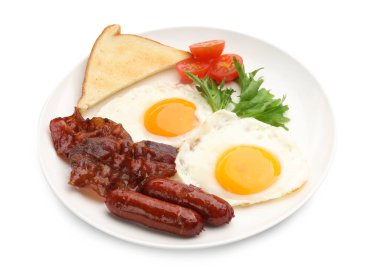 Yağda yumurta, sosis, pastırma, kızarmış ekmek ve beyaz domatesle nefis bir kahvaltı.