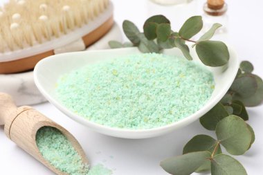 Beyaz arka planda yeşil deniz tuzu, kepçe, fırça ve okaliptüs dalları, yakın plan