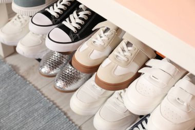 Ayakkabı dolabında farklı çocuk ayakkabıları var.