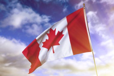 Gün batımına karşı Kanada bayrağı ya da bulutlu gün doğumu gökyüzü