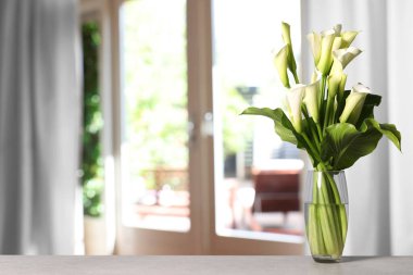 Vazodaki güzel zambak buketi pencerenin karşısındaki masada.