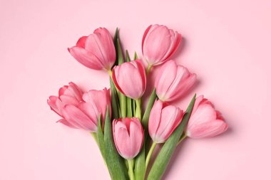 Pembe arka planda bir buket lale, üst manzara.