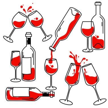 Bardakta şarap ve beyaz arka planda şişeler. Çizimler kümesi