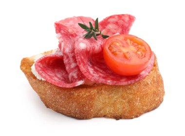 Salamlı, domatesli, krem peynirli ve kekikli nefis bruschetta.