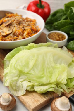 Doldurulmuş lahana ruloları için malzemeler masada, yakın plan.