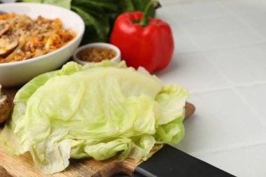 Doldurulmuş lahana ruloları için gerekli malzemeler ışıklı masa üzerinde, yakın plan. Metin için boşluk