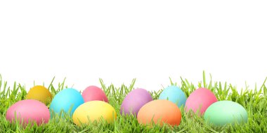 Beyaz arka plana karşı yeşil çimlerde paskalya yumurtaları