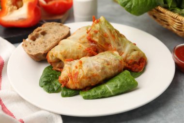 Gri masada servis edilen lezzetli lahana dürümleri, yakın plan.