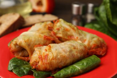 Lezzetli lahana dürümleri masada, yakın plan.