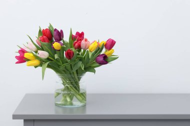 Gri masadaki vazodaki renkli lalelerden oluşan güzel bir buket. Metin için boşluk