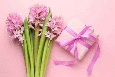 Güzel sümbül çiçekleri ve pembe arka planda hediye kutusu.