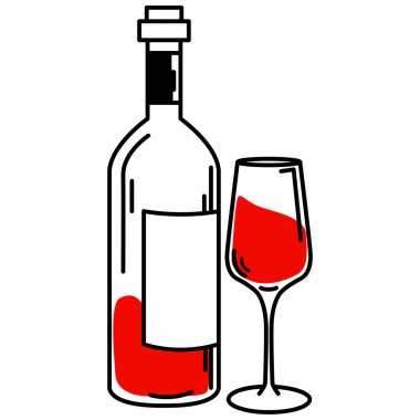 Beyaz arka planda şarap ve şişe, illüstrasyon