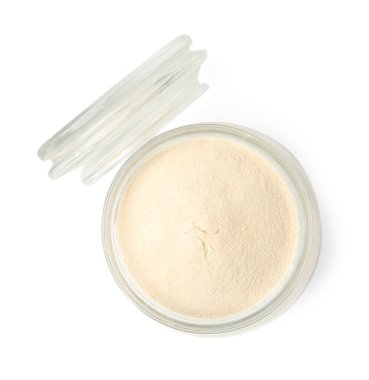 Cam kavanozda jelatin tozu ve kapak beyaz, üst manzara