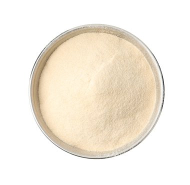 Kasedeki jelatin tozu beyaza izole edilmiş, üst manzara.