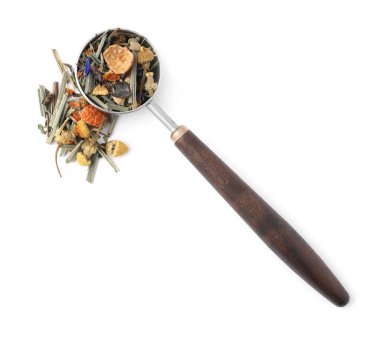 Kurutulmuş bitki çayı ve ölçü kaşığı beyaz, üst manzara