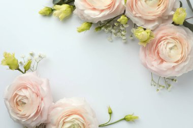 Beyaz arka planda güzel ranunculuslar ve güller, düz yatış. Metin için boşluk