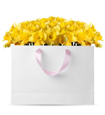 Beyaz arka planda kağıt poşet içinde sarı nergisler. Romantik hediye.