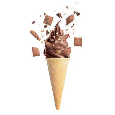 Beyaz arka planda malzemeli çikolatalı dondurma.