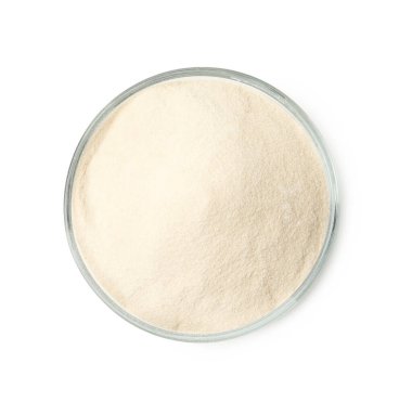 Camdaki jelatin tozu beyaza izole edilmiş, üst manzara