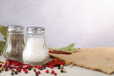 Açık gri masada baharatlı tuzluk ve biberlikler, yakın plan. Metin için boşluk