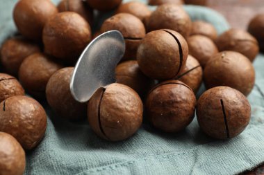 Açık mavi peçeteye Macadamia fındığı ve metal anahtar, yakın plan.