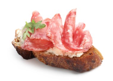 Salamlı, krem peynirli ve roka soslu nefis bir bruschetta.