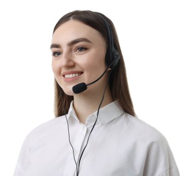 Gülümseyen yardım hattı operatörü beyaz arka planda kulaklık takıyor